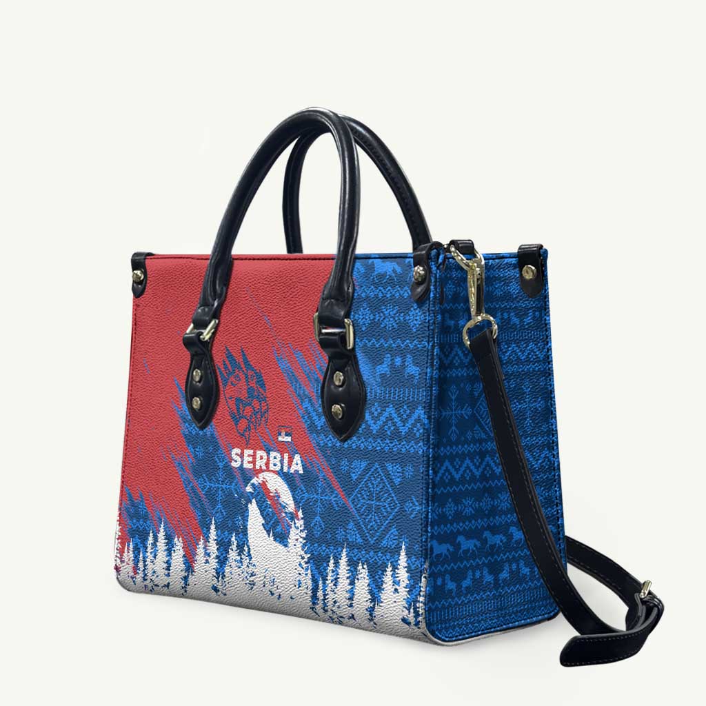 Serbia Christmas Leather Bag with Wolf Howling Moon Serbian Flag and Red Blue White Winter Forest Pattern Design - Wonder Print Shop