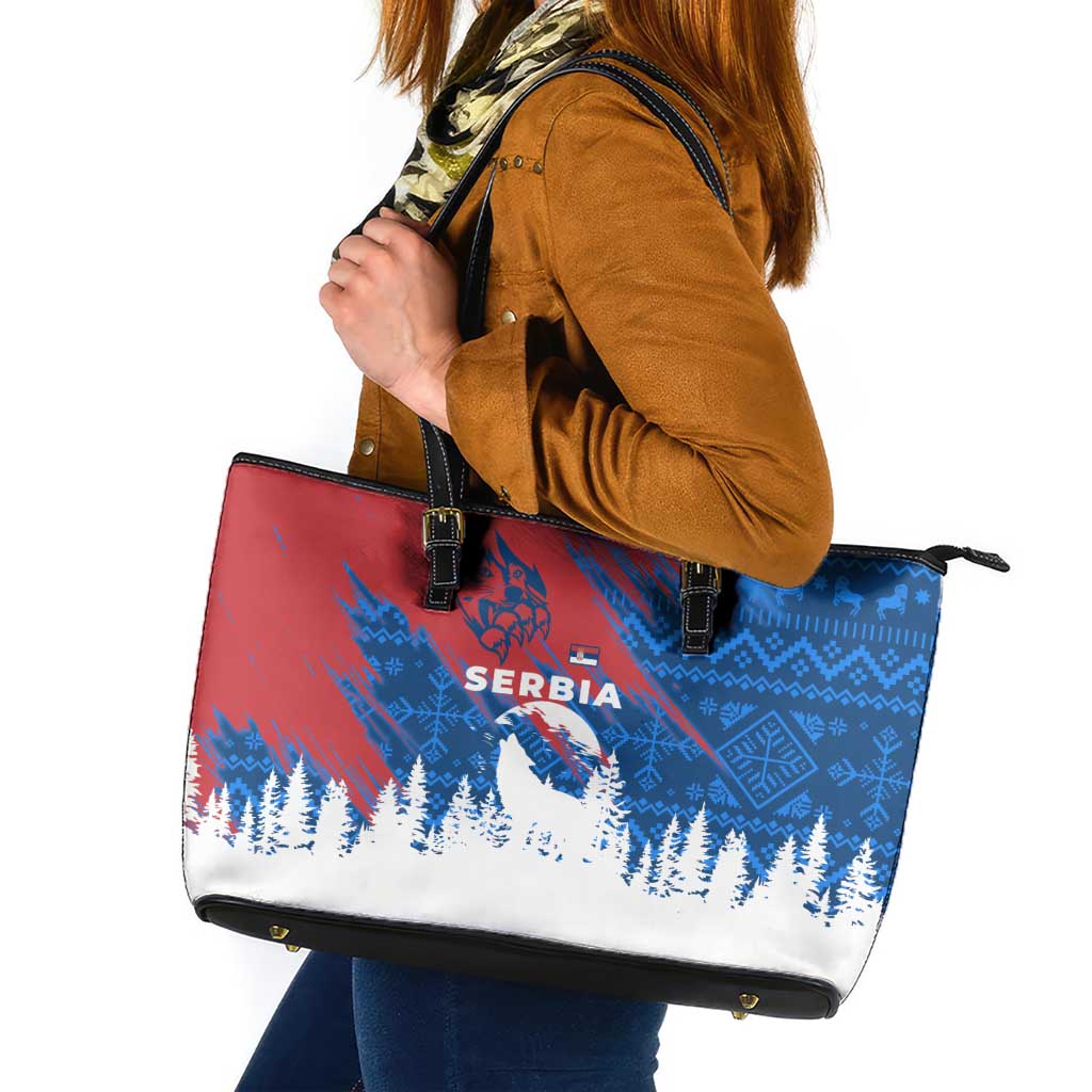 Serbia Christmas Leather Tote Bag with Wolf Howling Moon Serbian Flag and Red Blue White Winter Forest Pattern Design - Wonder Print Shop
