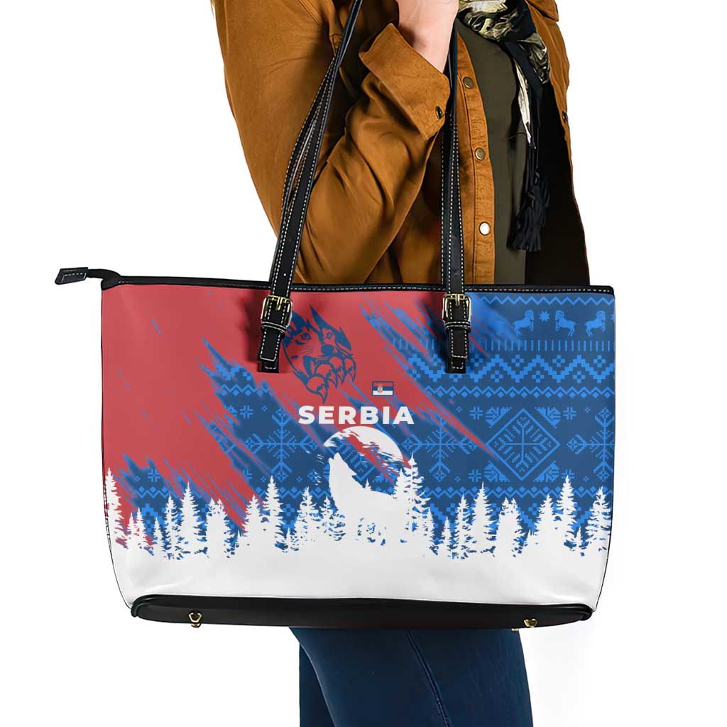 Serbia Christmas Leather Tote Bag with Wolf Howling Moon Serbian Flag and Red Blue White Winter Forest Pattern Design - Wonder Print Shop
