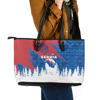 Serbia Christmas Leather Tote Bag with Wolf Howling Moon Serbian Flag and Red Blue White Winter Forest Pattern Design - Wonder Print Shop