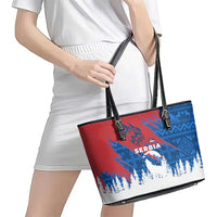 Serbia Christmas Leather Tote Bag with Wolf Howling Moon Serbian Flag and Red Blue White Winter Forest Pattern Design - Wonder Print Shop