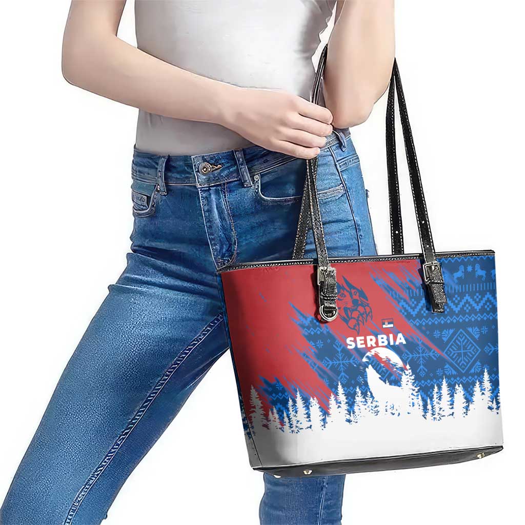 Serbia Christmas Leather Tote Bag with Wolf Howling Moon Serbian Flag and Red Blue White Winter Forest Pattern Design - Wonder Print Shop