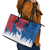Serbia Christmas Leather Tote Bag with Wolf Howling Moon Serbian Flag and Red Blue White Winter Forest Pattern Design - Wonder Print Shop