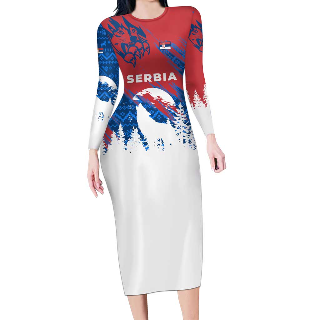 Serbia Christmas Long Sleeve Bodycon Dress with Wolf Howling Moon Serbian Flag and Red Blue White Winter Forest Pattern Design - Wonder Print Shop