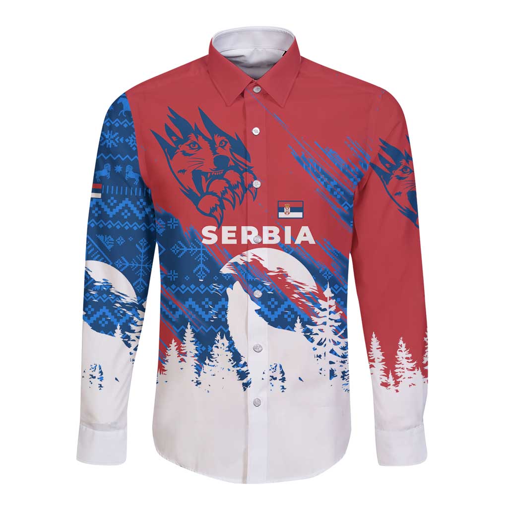 Serbia Christmas Long Sleeve Button Shirt with Wolf Howling Moon Serbian Flag and Red Blue White Winter Forest Pattern Design - Wonder Print Shop
