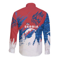 Serbia Christmas Long Sleeve Button Shirt with Wolf Howling Moon Serbian Flag and Red Blue White Winter Forest Pattern Design - Wonder Print Shop