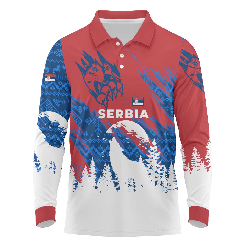 Serbia Christmas Long Sleeve Polo Shirt with Wolf Howling Moon Serbian Flag and Red Blue White Winter Forest Pattern Design - Wonder Print Shop