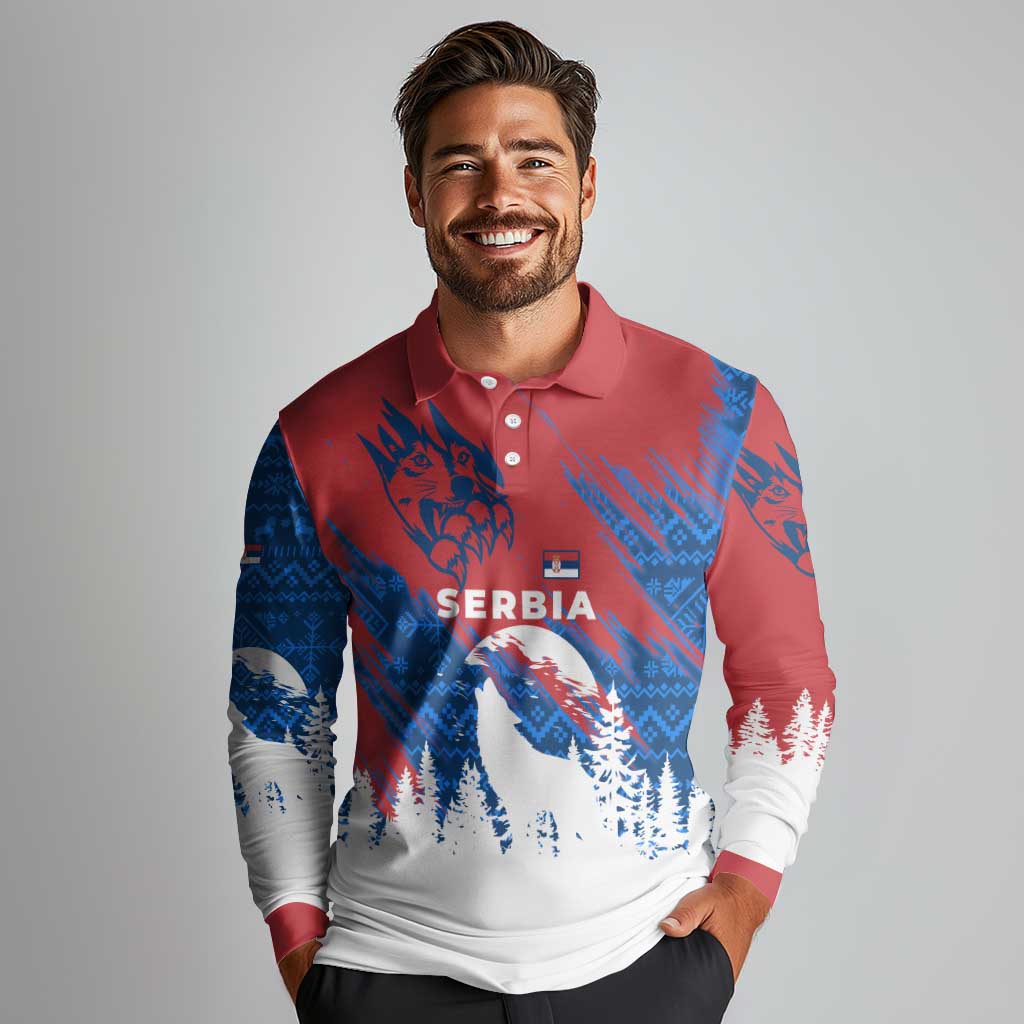 Serbia Christmas Long Sleeve Polo Shirt with Wolf Howling Moon Serbian Flag and Red Blue White Winter Forest Pattern Design - Wonder Print Shop