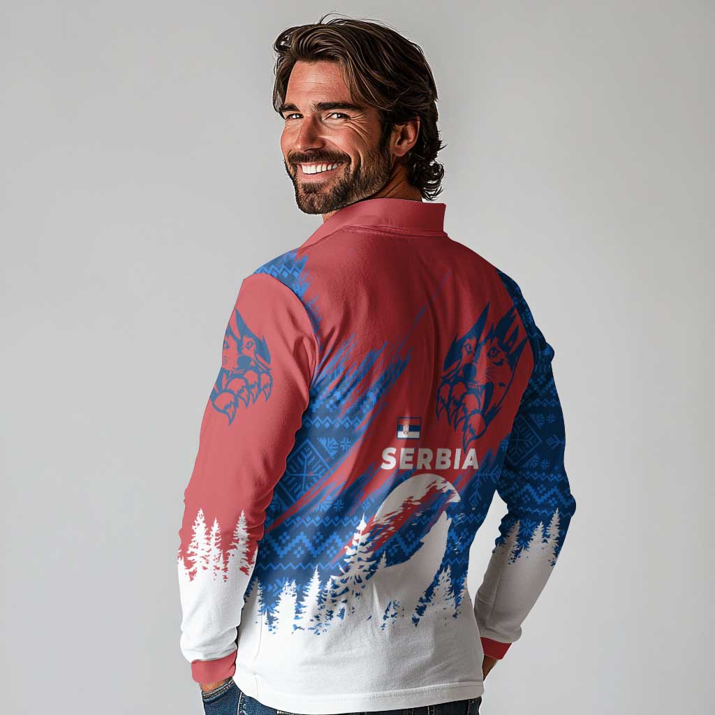 Serbia Christmas Long Sleeve Polo Shirt with Wolf Howling Moon Serbian Flag and Red Blue White Winter Forest Pattern Design - Wonder Print Shop