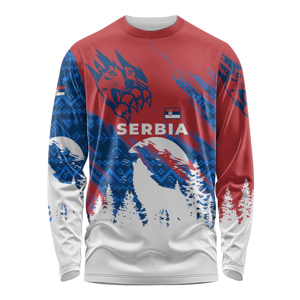 Serbia Christmas Long Sleeve Shirt with Wolf Howling Moon Serbian Flag and Red Blue White Winter Forest Pattern Design - Wonder Print Shop