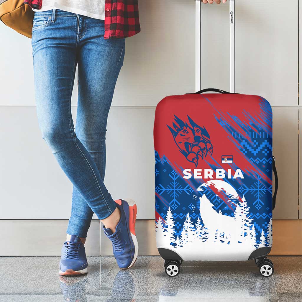 Serbia Christmas Luggage Cover with Wolf Howling Moon Serbian Flag and Red Blue White Winter Forest Pattern Design - Wonder Print Shop