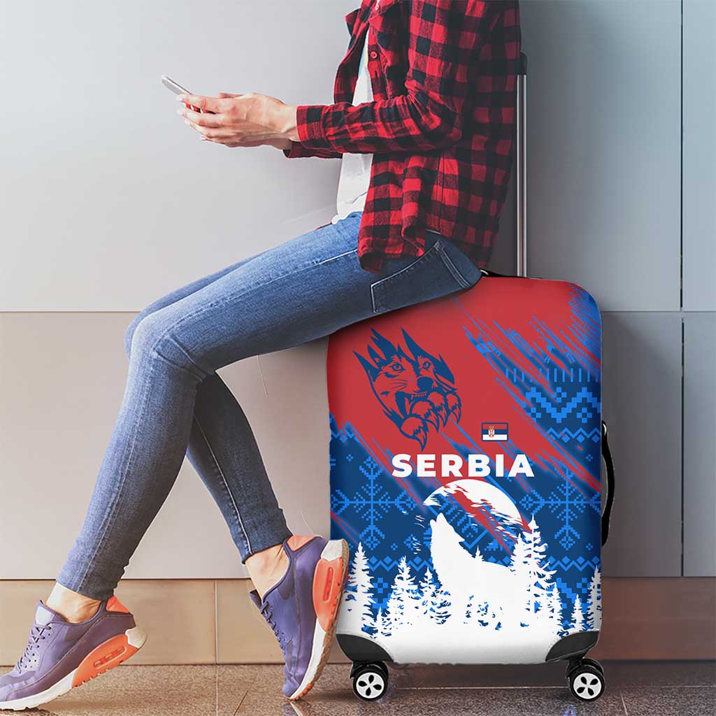 Serbia Christmas Luggage Cover with Wolf Howling Moon Serbian Flag and Red Blue White Winter Forest Pattern Design - Wonder Print Shop