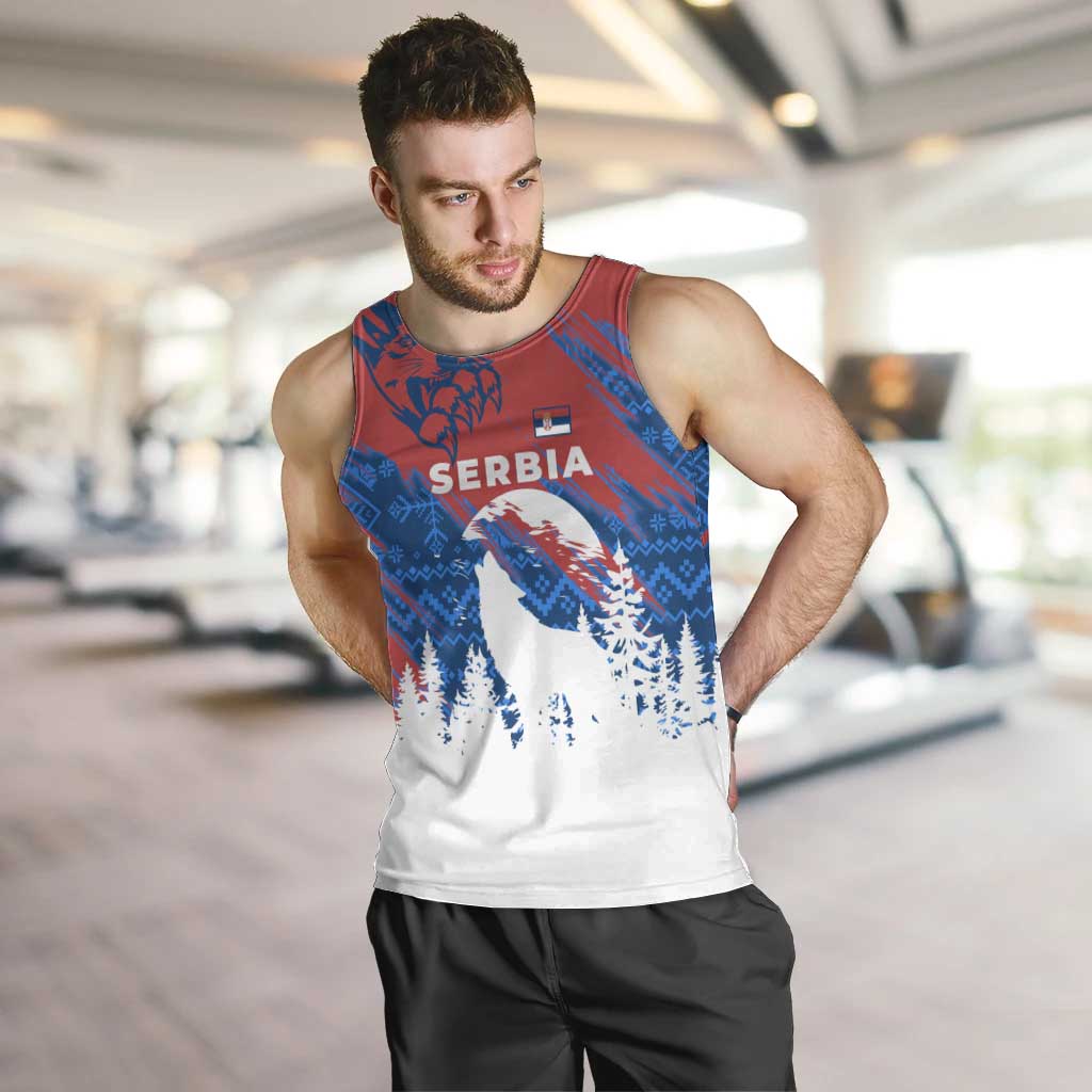 Serbia Christmas Men Tank Top with Wolf Howling Moon Serbian Flag and Red Blue White Winter Forest Pattern Design - Wonder Print Shop