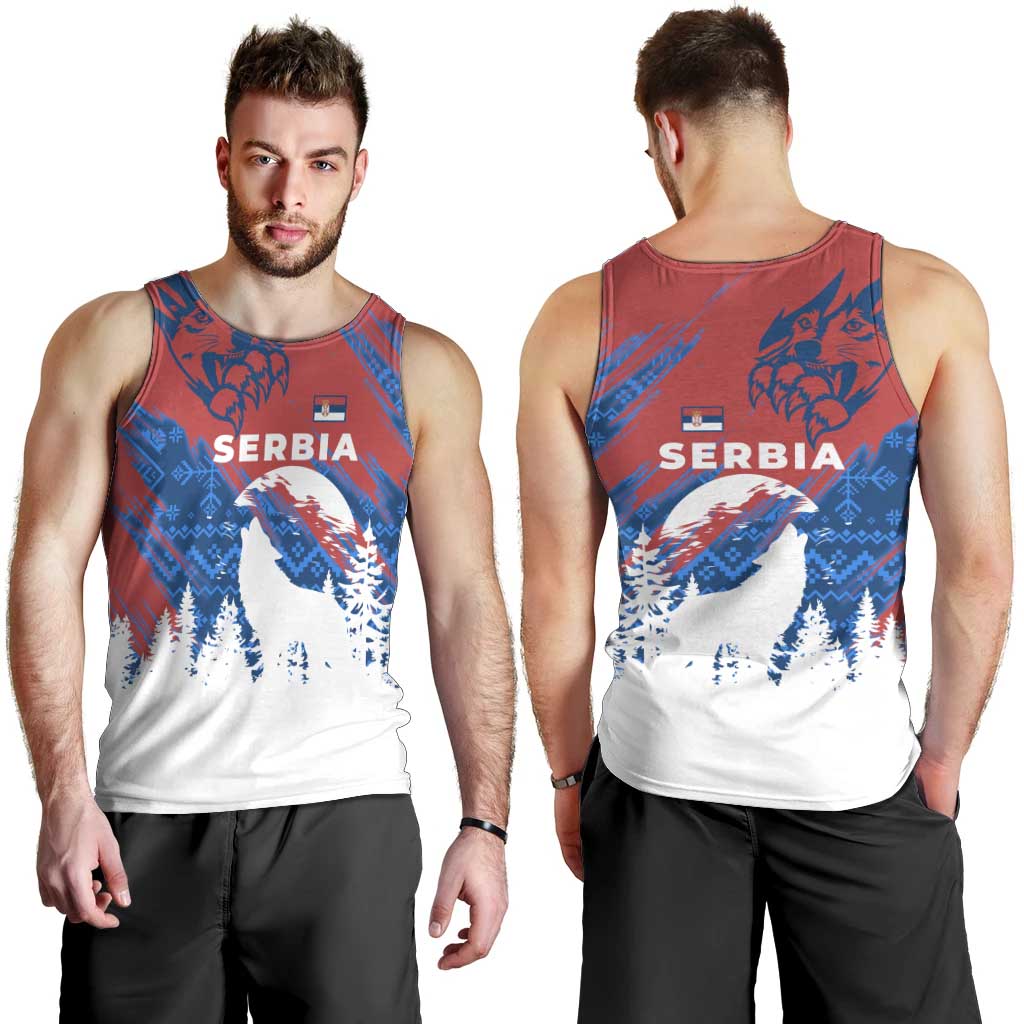 Serbia Christmas Men Tank Top with Wolf Howling Moon Serbian Flag and Red Blue White Winter Forest Pattern Design - Wonder Print Shop