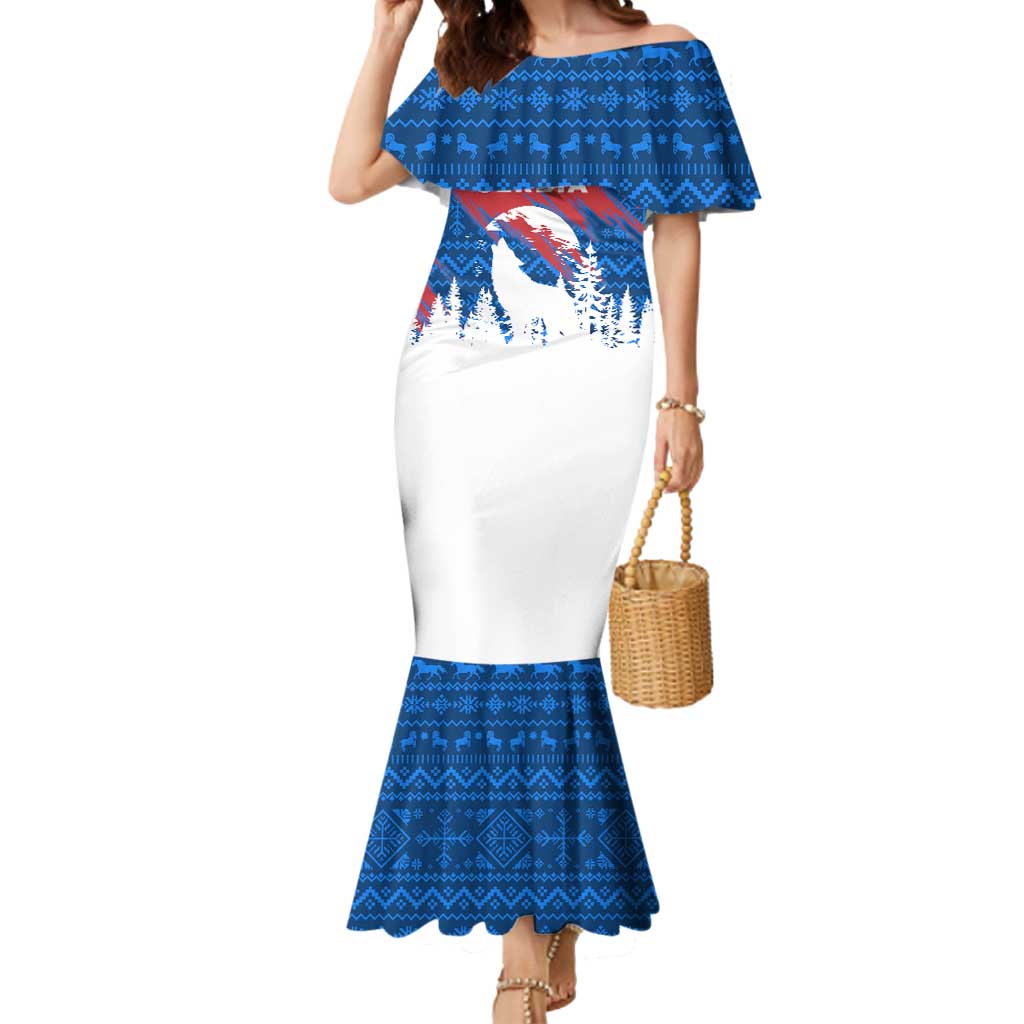 Serbia Christmas Mermaid Dress with Wolf Howling Moon Serbian Flag and Red Blue White Winter Forest Pattern Design - Wonder Print Shop