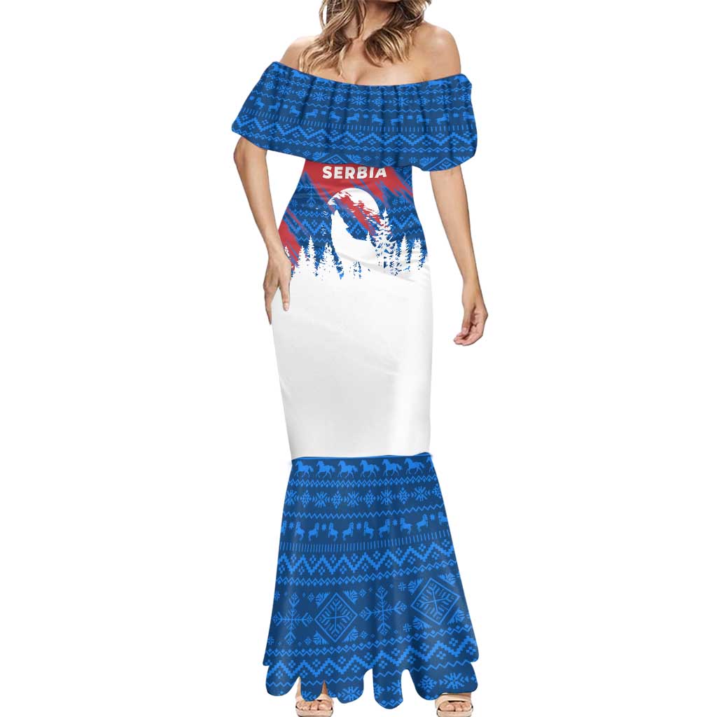 Serbia Christmas Mermaid Dress with Wolf Howling Moon Serbian Flag and Red Blue White Winter Forest Pattern Design - Wonder Print Shop