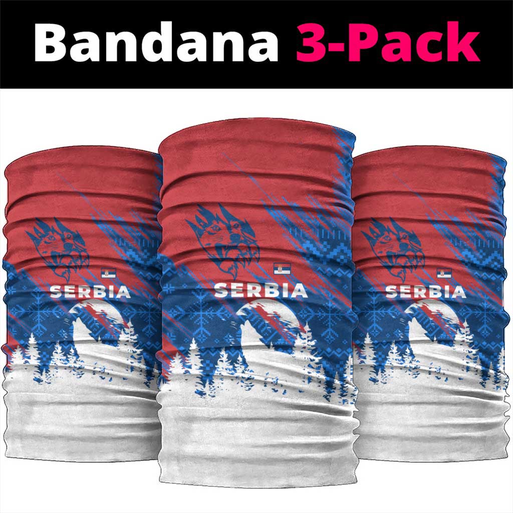 Serbia Christmas Neck Gaiter with Wolf Howling Moon Serbian Flag and Red Blue White Winter Forest Pattern Design - Wonder Print Shop