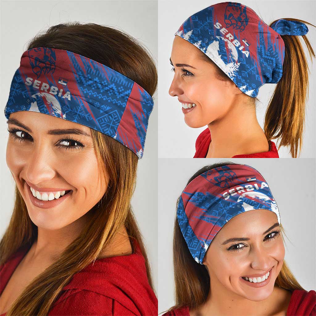 Serbia Christmas Neck Gaiter with Wolf Howling Moon Serbian Flag and Red Blue White Winter Forest Pattern Design - Wonder Print Shop