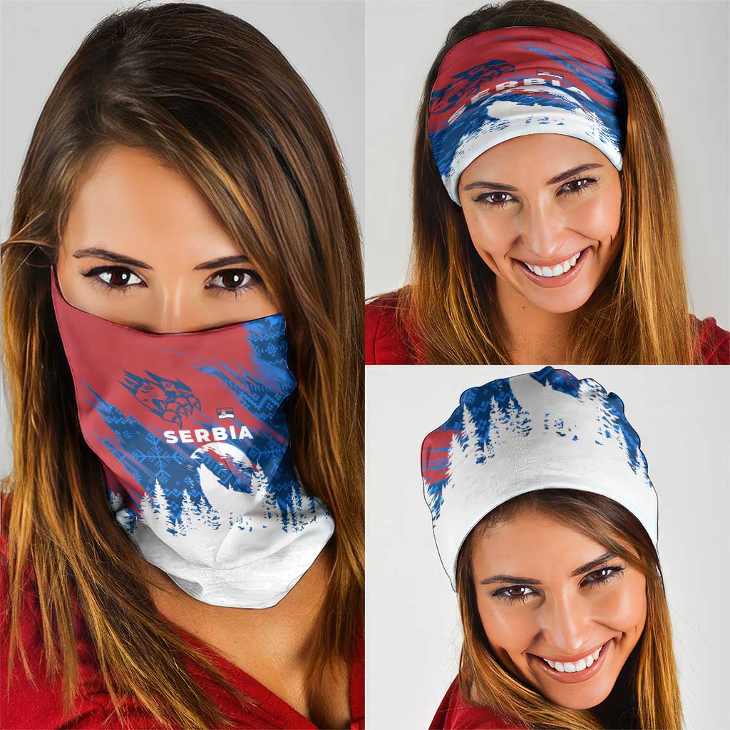 Serbia Christmas Neck Gaiter with Wolf Howling Moon Serbian Flag and Red Blue White Winter Forest Pattern Design - Wonder Print Shop