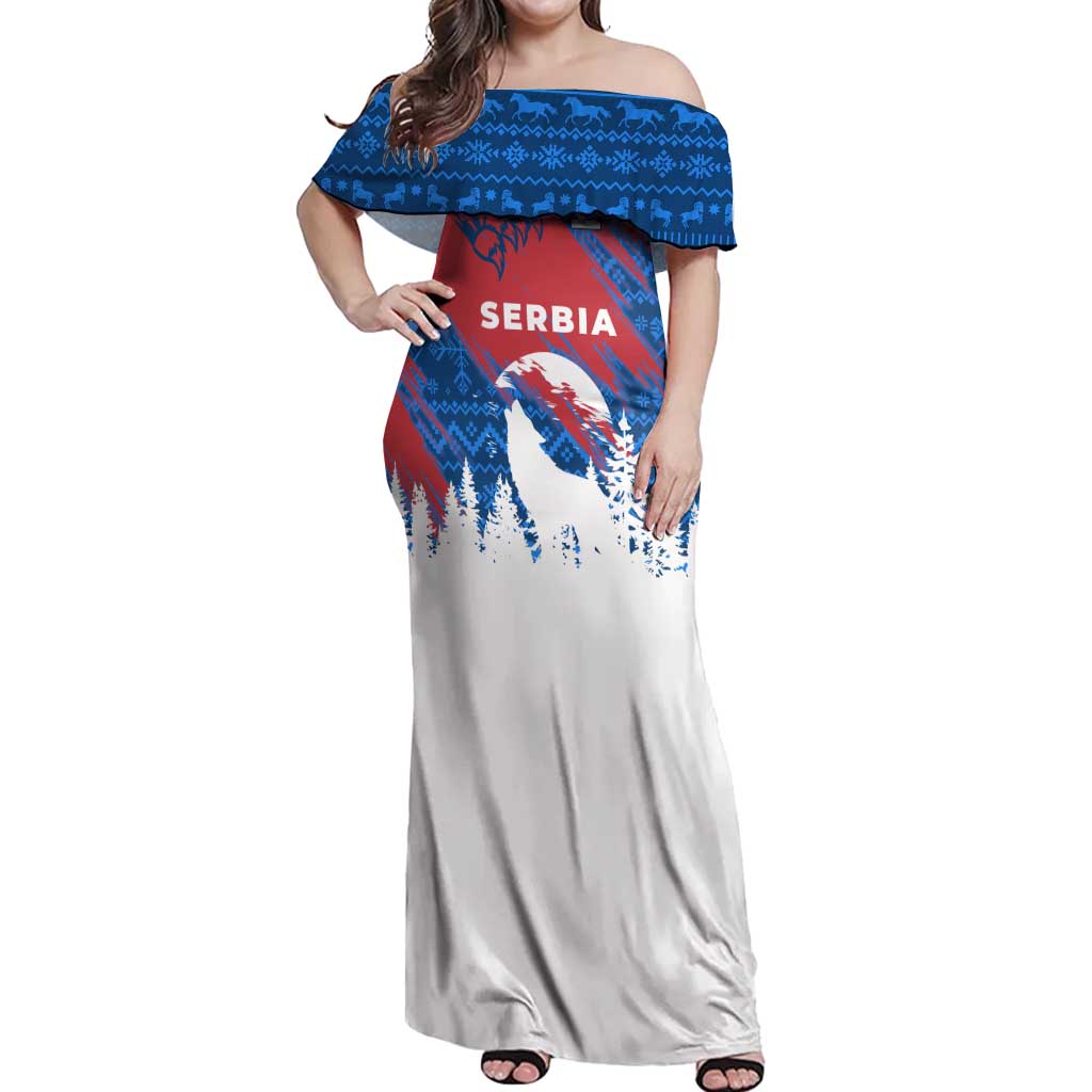 Serbia Christmas Off Shoulder Maxi Dress with Wolf Howling Moon Serbian Flag and Red Blue White Winter Forest Pattern Design - Wonder Print Shop