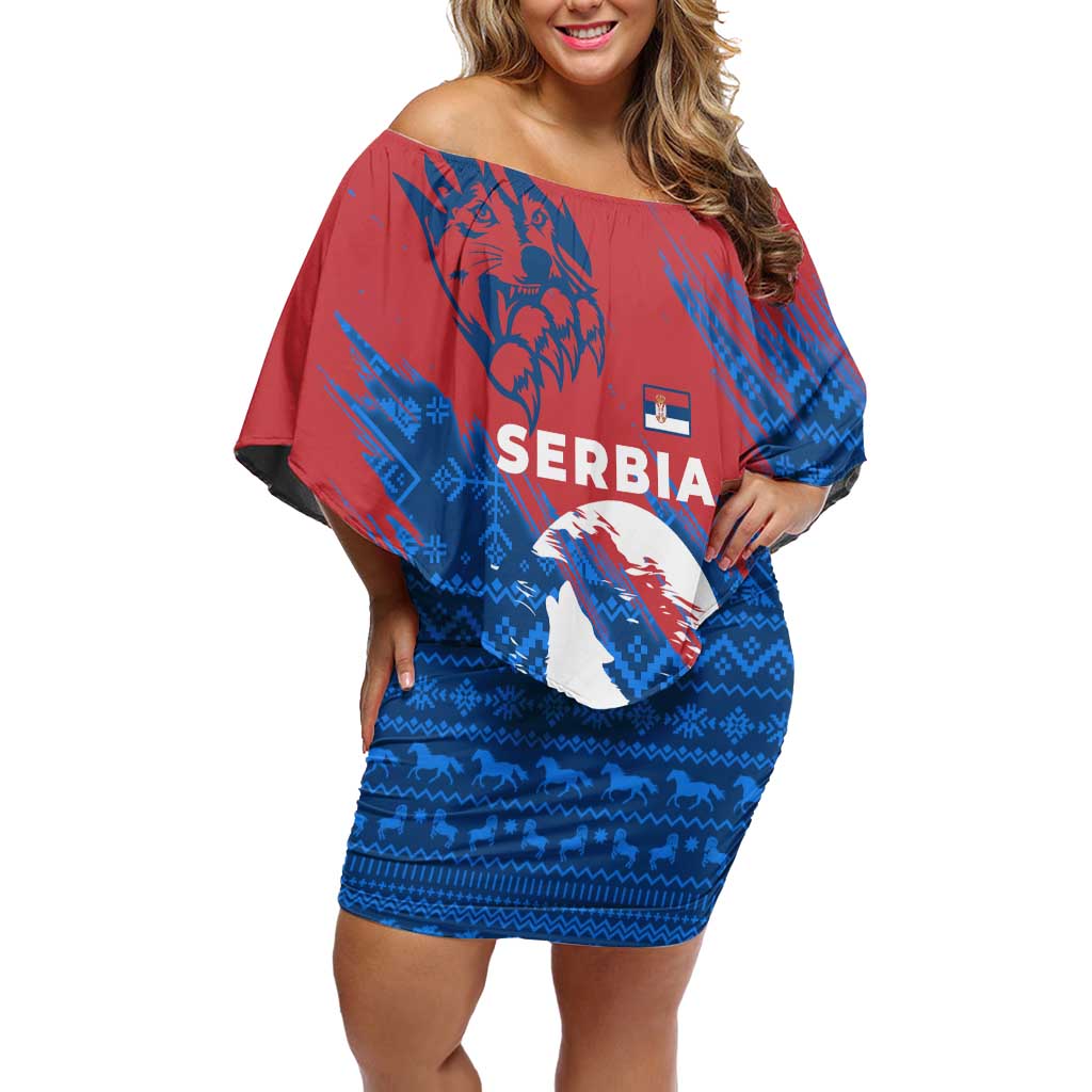 Serbia Christmas Off Shoulder Short Dress with Wolf Howling Moon Serbian Flag and Red Blue White Winter Forest Pattern Design - Wonder Print Shop