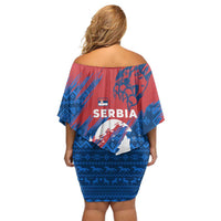 Serbia Christmas Off Shoulder Short Dress with Wolf Howling Moon Serbian Flag and Red Blue White Winter Forest Pattern Design - Wonder Print Shop