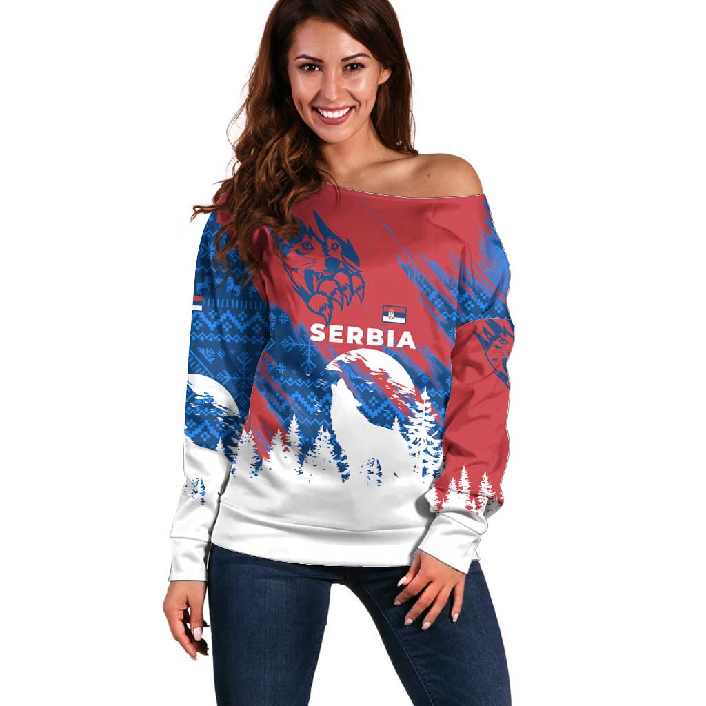 Serbia Christmas Off Shoulder Sweater with Wolf Howling Moon Serbian Flag and Red Blue White Winter Forest Pattern Design - Wonder Print Shop