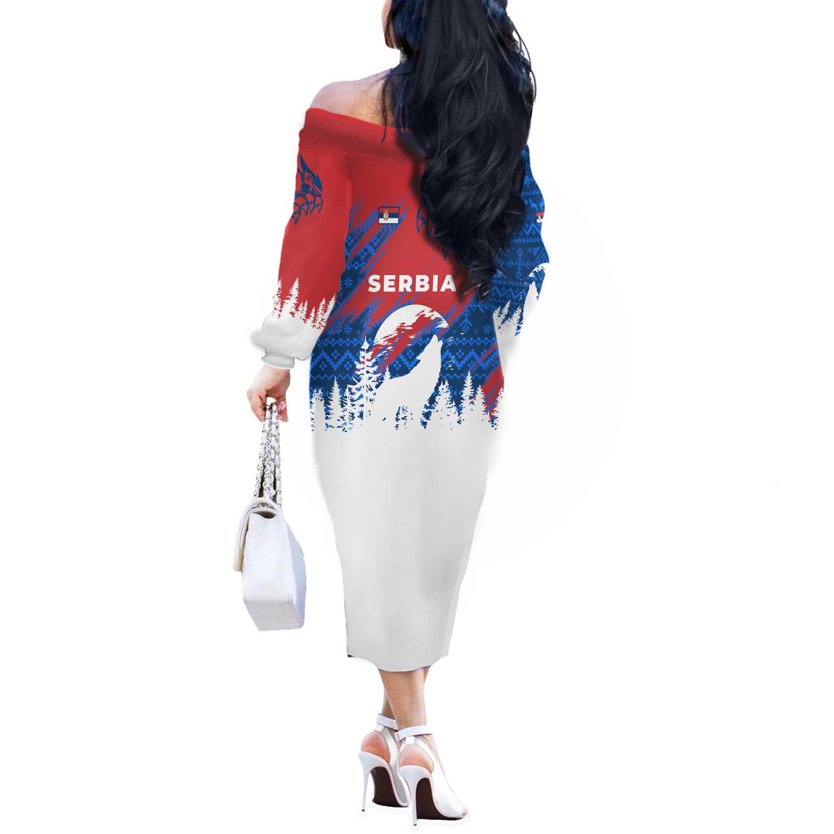 Serbia Christmas Off The Shoulder Long Sleeve Dress with Wolf Howling Moon Serbian Flag and Red Blue White Winter Forest Pattern Design - Wonder Print Shop