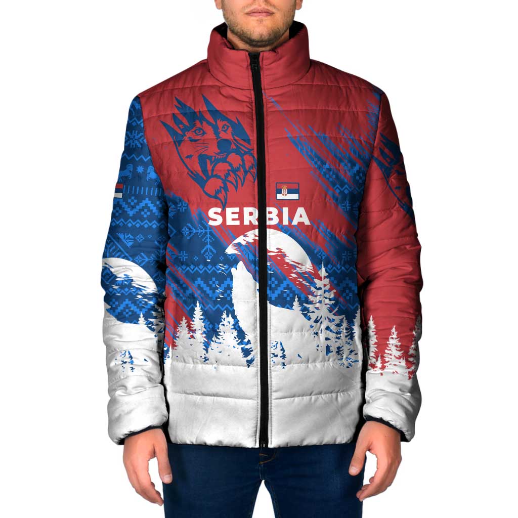 Serbia Christmas Padded Jacket with Wolf Howling Moon Serbian Flag and Red Blue White Winter Forest Pattern Design - Wonder Print Shop