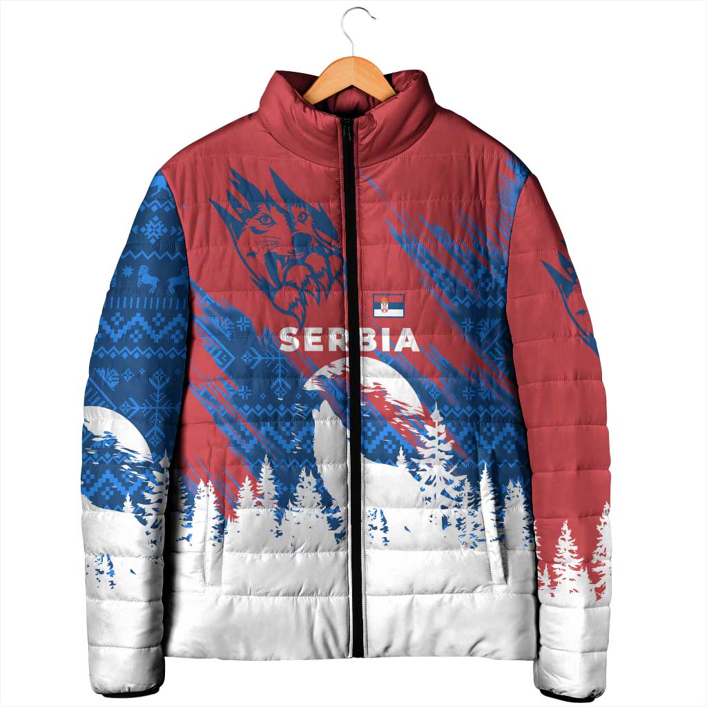 Serbia Christmas Padded Jacket with Wolf Howling Moon Serbian Flag and Red Blue White Winter Forest Pattern Design - Wonder Print Shop