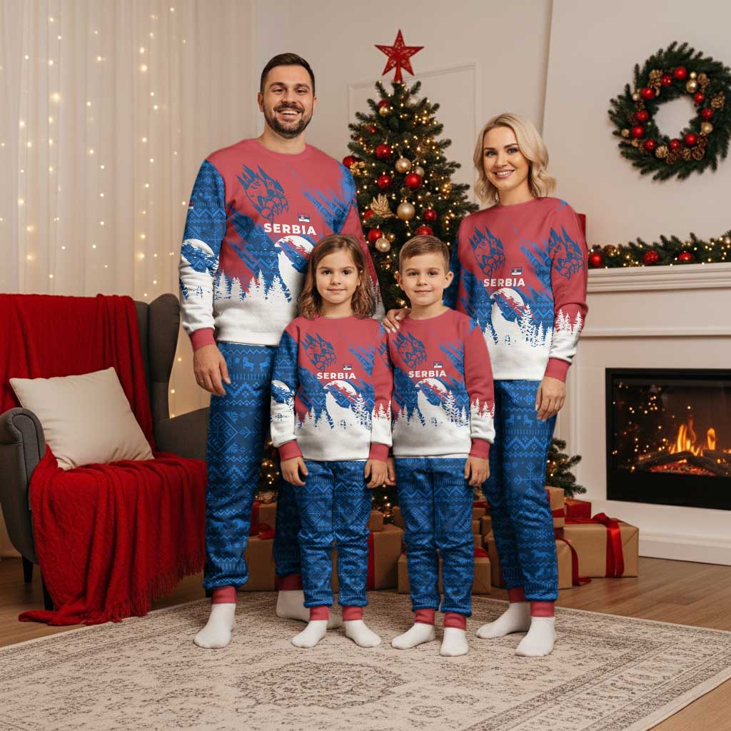 Serbia Christmas Pajama Set with Wolf Howling Moon Serbian Flag and Red Blue White Winter Forest Pattern Design - Wonder Print Shop