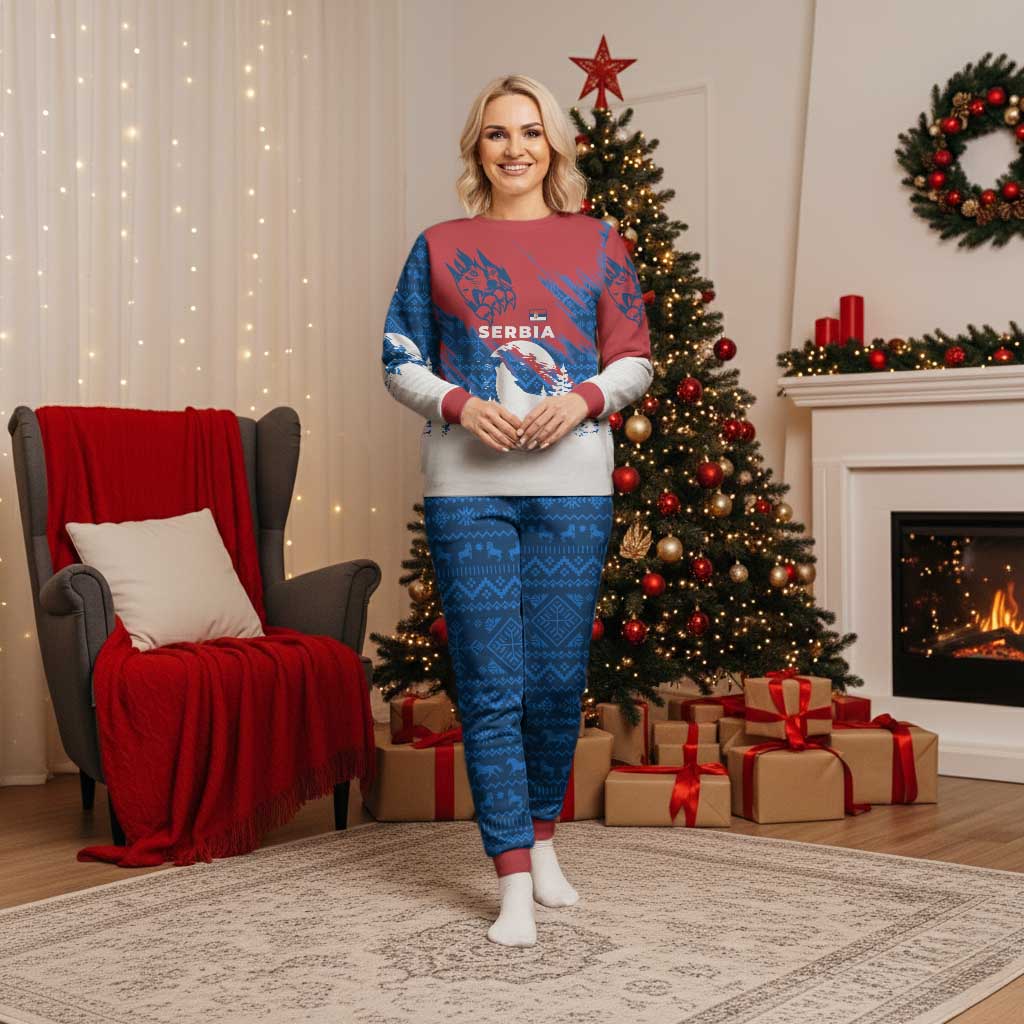 Serbia Christmas Pajama Set with Wolf Howling Moon Serbian Flag and Red Blue White Winter Forest Pattern Design - Wonder Print Shop