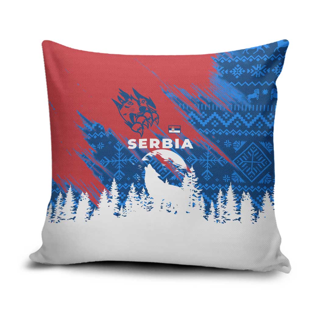 Serbia Christmas Pillow Cover with Wolf Howling Moon Serbian Flag and Red Blue White Winter Forest Pattern Design - Wonder Print Shop