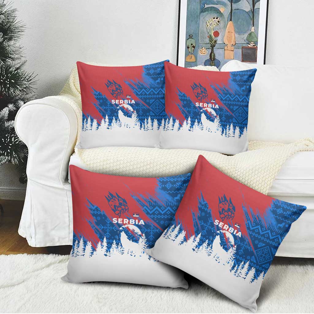 Serbia Christmas Pillow Cover with Wolf Howling Moon Serbian Flag and Red Blue White Winter Forest Pattern Design - Wonder Print Shop