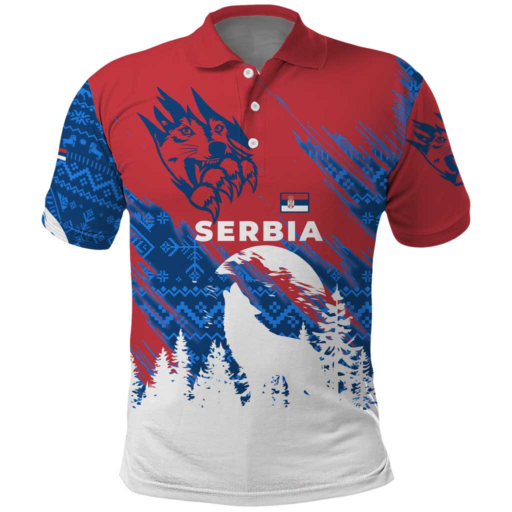 Serbia Christmas Polo Shirt with Wolf Howling Moon Serbian Flag and Red Blue White Winter Forest Pattern Design - Wonder Print Shop