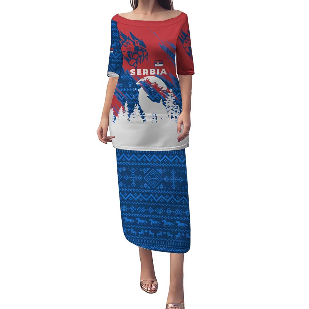 Serbia Christmas Puletasi with Wolf Howling Moon Serbian Flag and Red Blue White Winter Forest Pattern Design - Wonder Print Shop