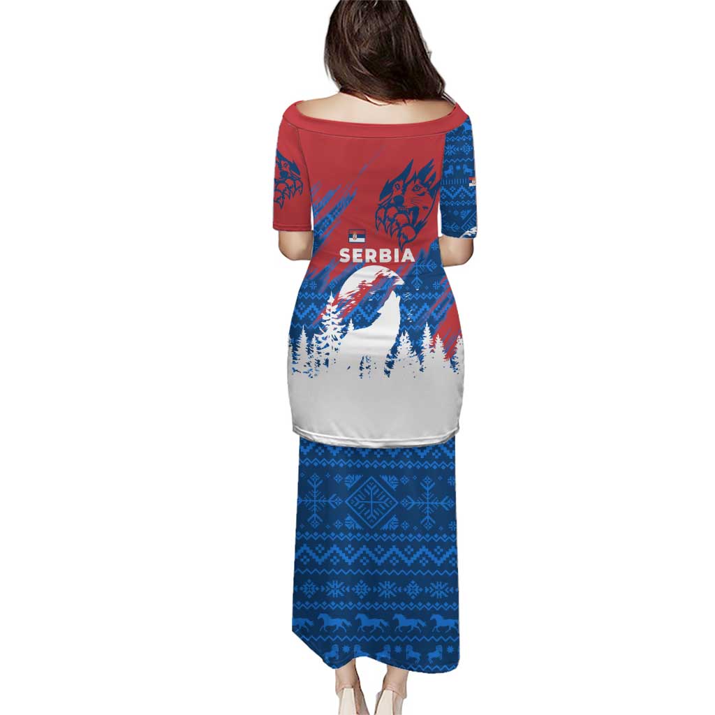 Serbia Christmas Puletasi with Wolf Howling Moon Serbian Flag and Red Blue White Winter Forest Pattern Design - Wonder Print Shop