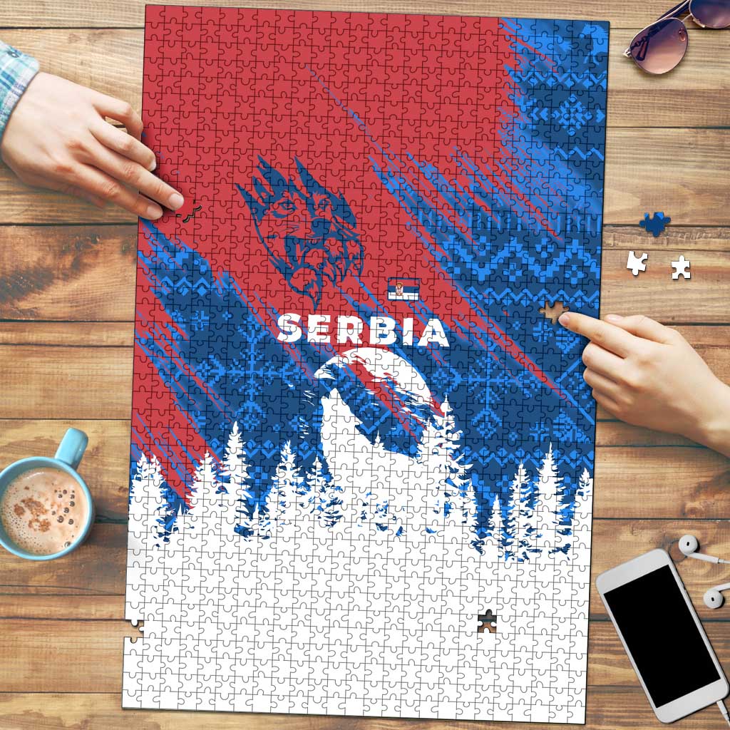 Serbia Christmas Puzzle with Wolf Howling Moon Serbian Flag and Red Blue White Winter Forest Pattern Design - Wonder Print Shop