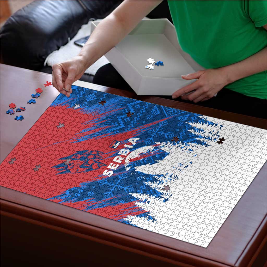 Serbia Christmas Puzzle with Wolf Howling Moon Serbian Flag and Red Blue White Winter Forest Pattern Design - Wonder Print Shop
