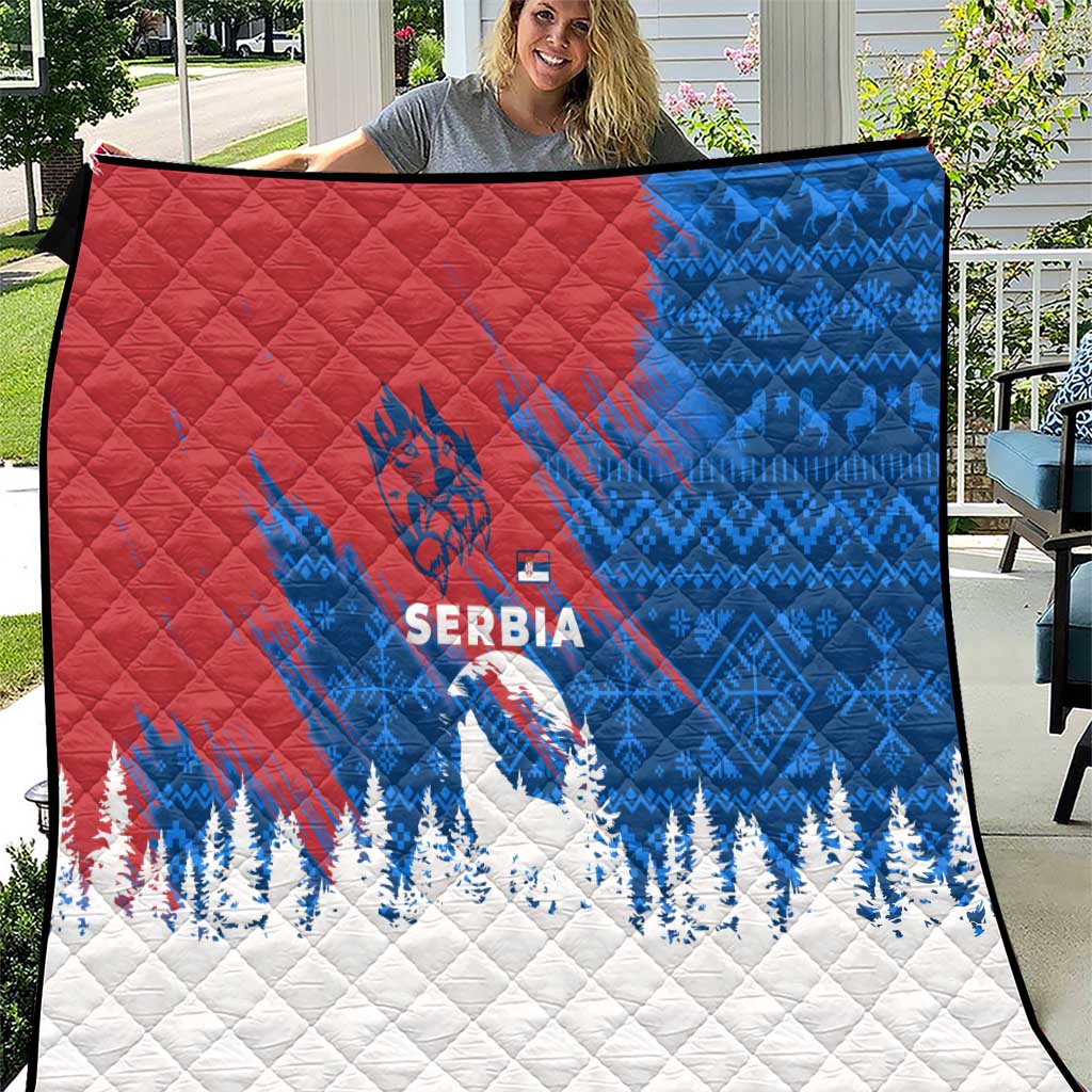 Serbia Christmas Quilt with Wolf Howling Moon Serbian Flag and Red Blue White Winter Forest Pattern Design - Wonder Print Shop