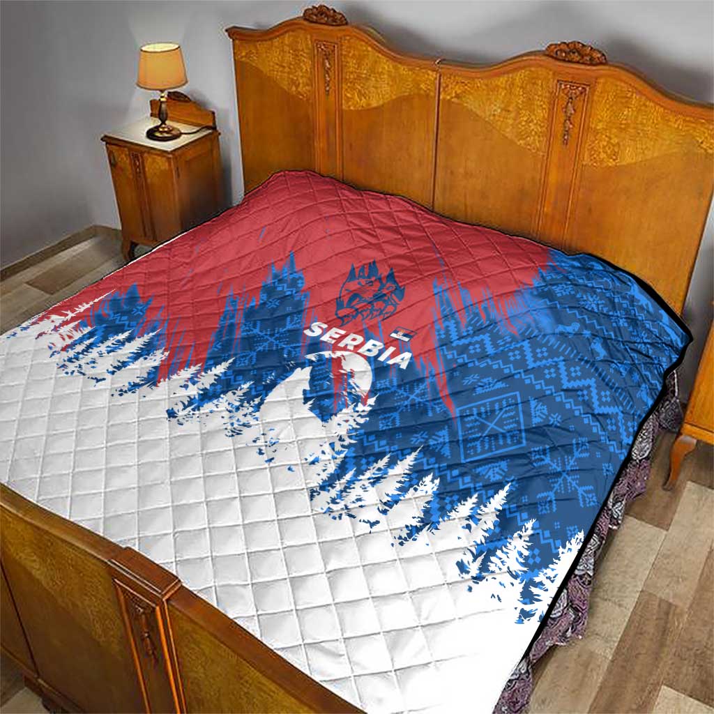 Serbia Christmas Quilt with Wolf Howling Moon Serbian Flag and Red Blue White Winter Forest Pattern Design - Wonder Print Shop