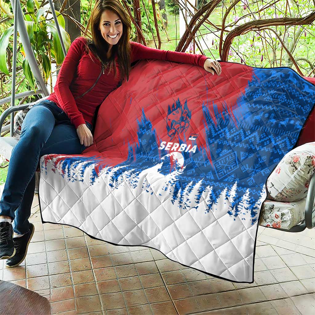 Serbia Christmas Quilt with Wolf Howling Moon Serbian Flag and Red Blue White Winter Forest Pattern Design - Wonder Print Shop