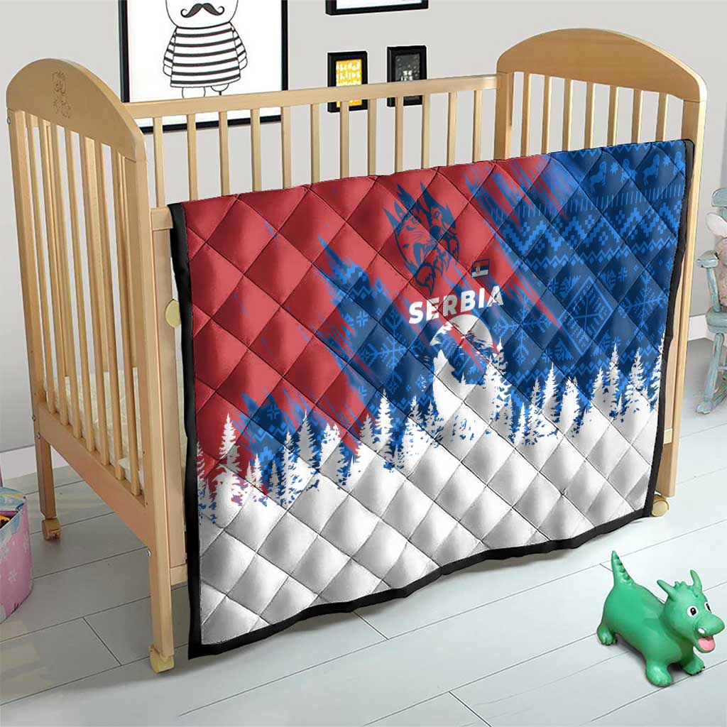 Serbia Christmas Quilt with Wolf Howling Moon Serbian Flag and Red Blue White Winter Forest Pattern Design - Wonder Print Shop