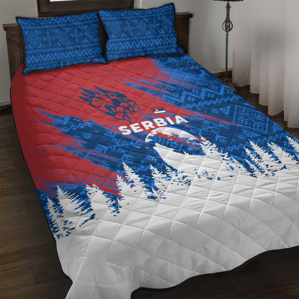 Serbia Christmas Quilt Bed Set with Wolf Howling Moon Serbian Flag and Red Blue White Winter Forest Pattern Design - Wonder Print Shop