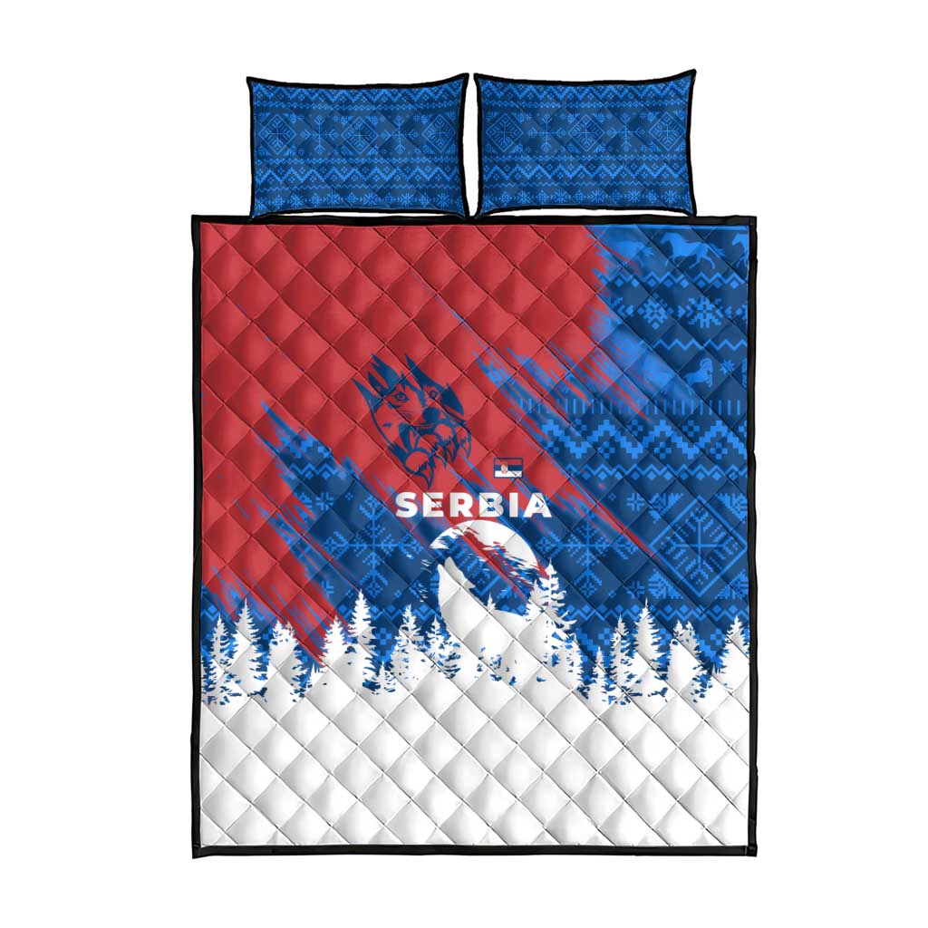 Serbia Christmas Quilt Bed Set with Wolf Howling Moon Serbian Flag and Red Blue White Winter Forest Pattern Design - Wonder Print Shop