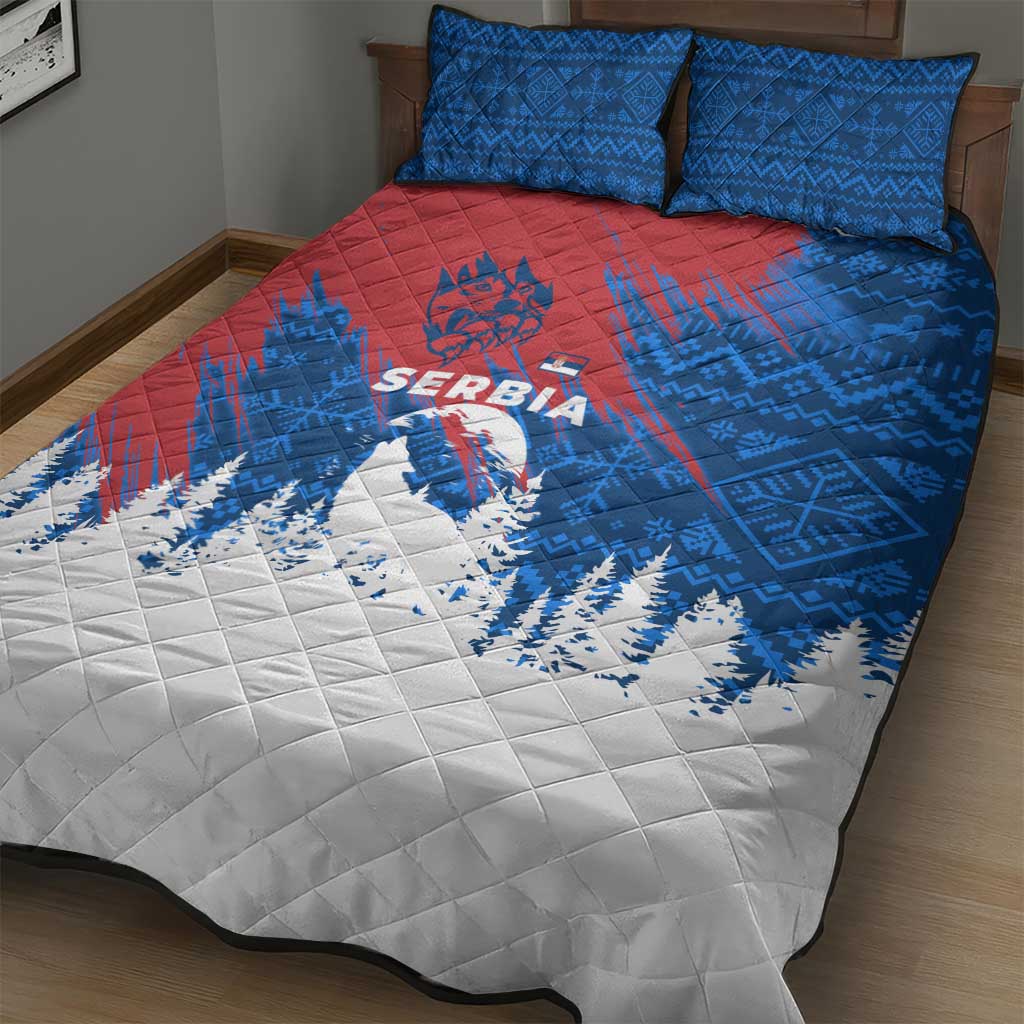 Serbia Christmas Quilt Bed Set with Wolf Howling Moon Serbian Flag and Red Blue White Winter Forest Pattern Design - Wonder Print Shop
