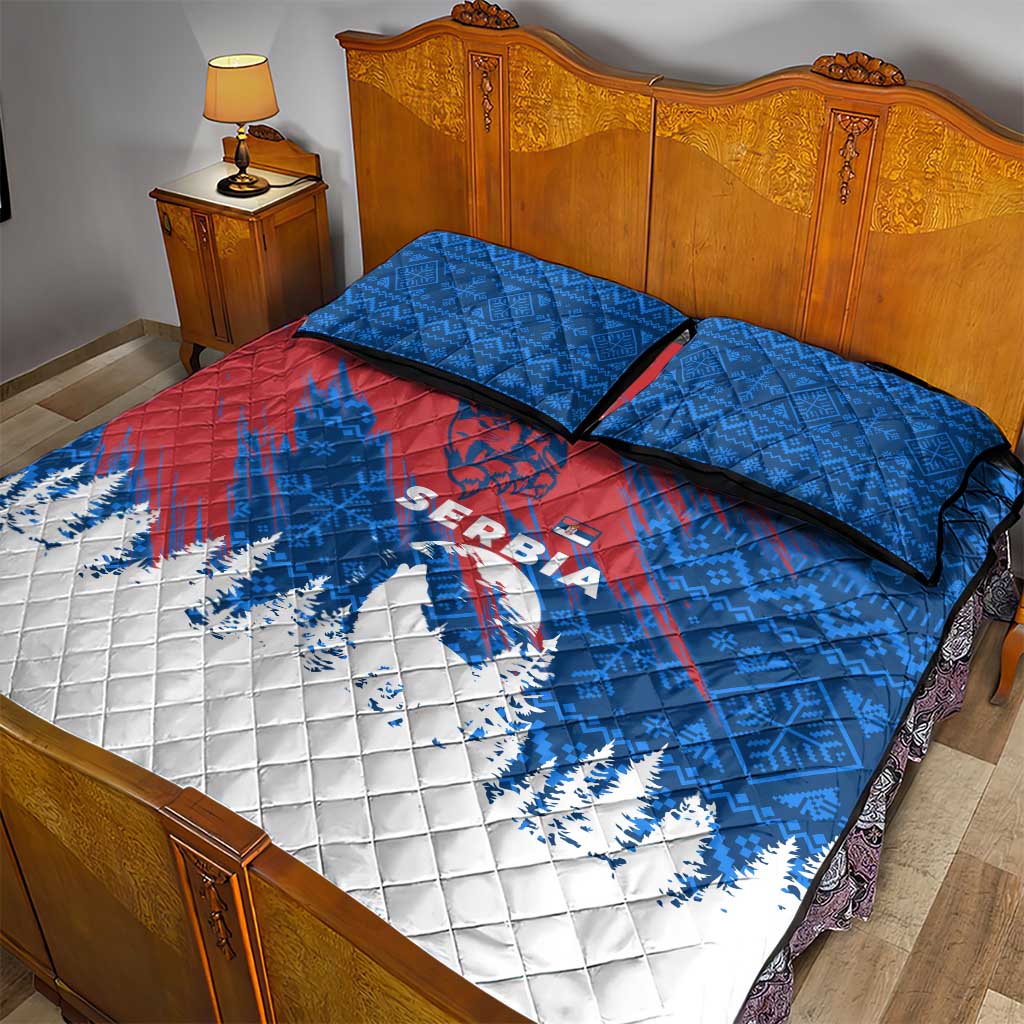 Serbia Christmas Quilt Bed Set with Wolf Howling Moon Serbian Flag and Red Blue White Winter Forest Pattern Design - Wonder Print Shop