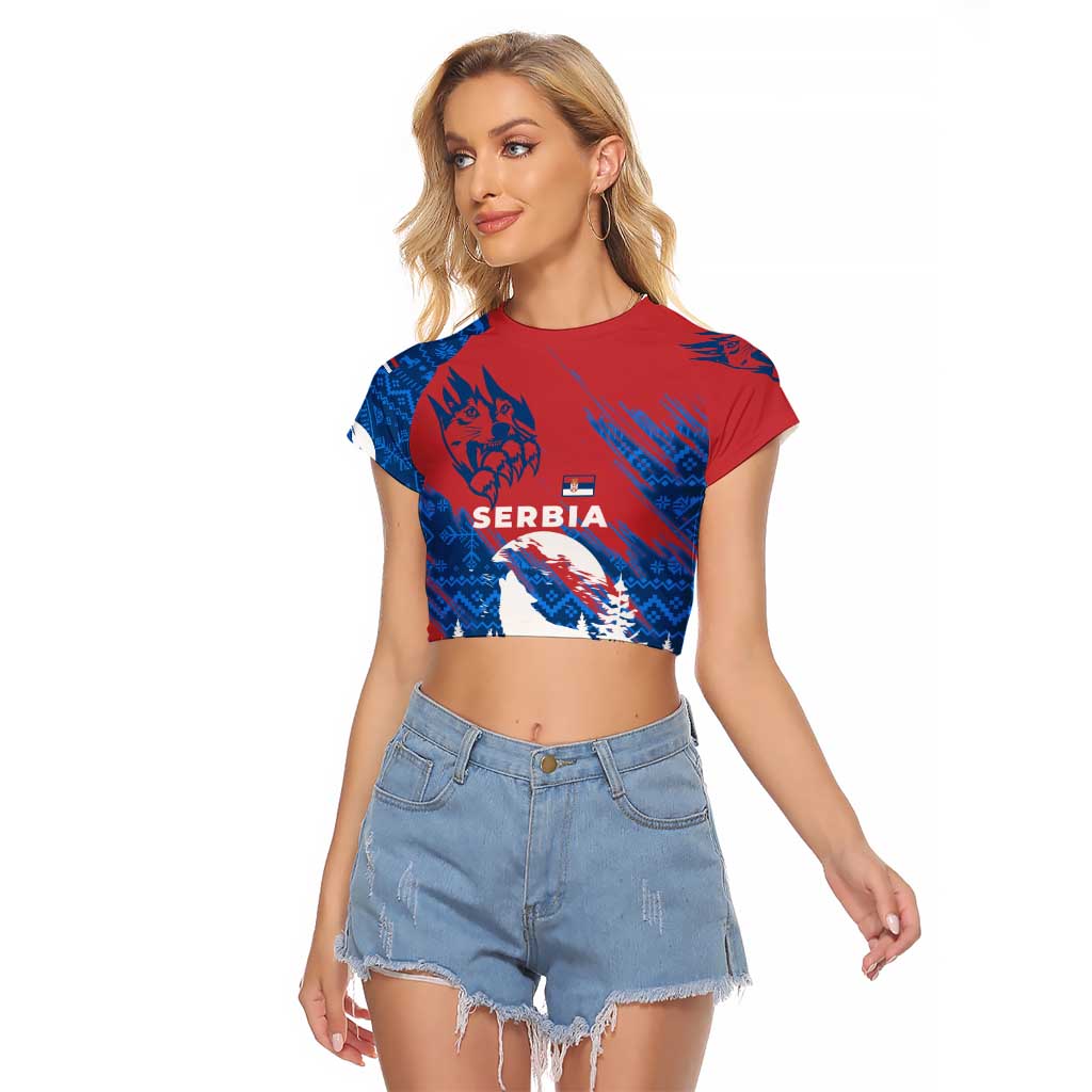 Serbia Christmas Raglan Cropped T Shirt with Wolf Howling Moon Serbian Flag and Red Blue White Winter Forest Pattern Design - Wonder Print Shop