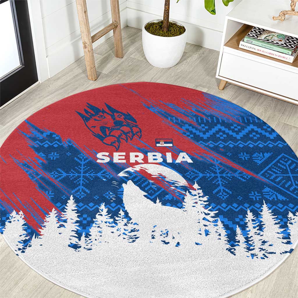Serbia Christmas Round Carpet with Wolf Howling Moon Serbian Flag and Red Blue White Winter Forest Pattern Design - Wonder Print Shop