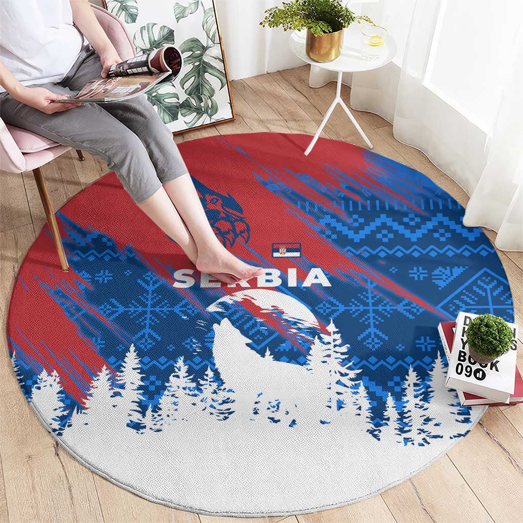 Serbia Christmas Round Carpet with Wolf Howling Moon Serbian Flag and Red Blue White Winter Forest Pattern Design - Wonder Print Shop